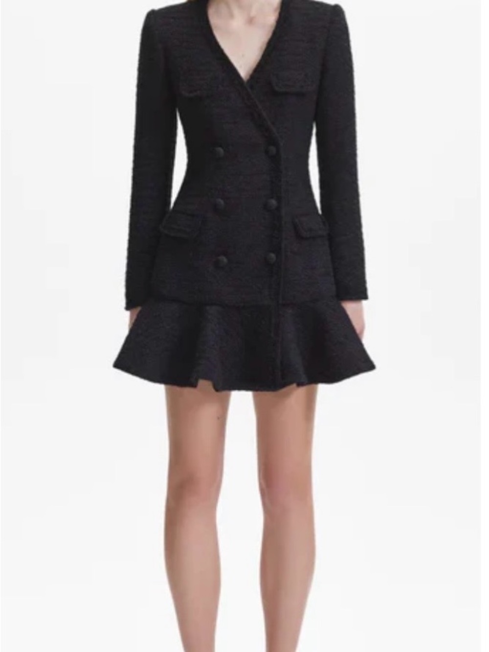 Self-Portrait Black Tweed Double-Breasted Peplum Mini Dress